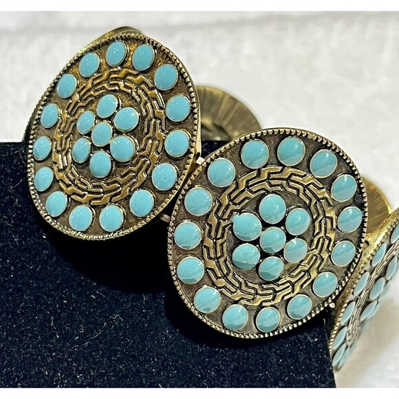 Native American Style Faux Turquoise Tribal Stretch Bracelet Gold Tone Cowgirl - Picture 4 of 6